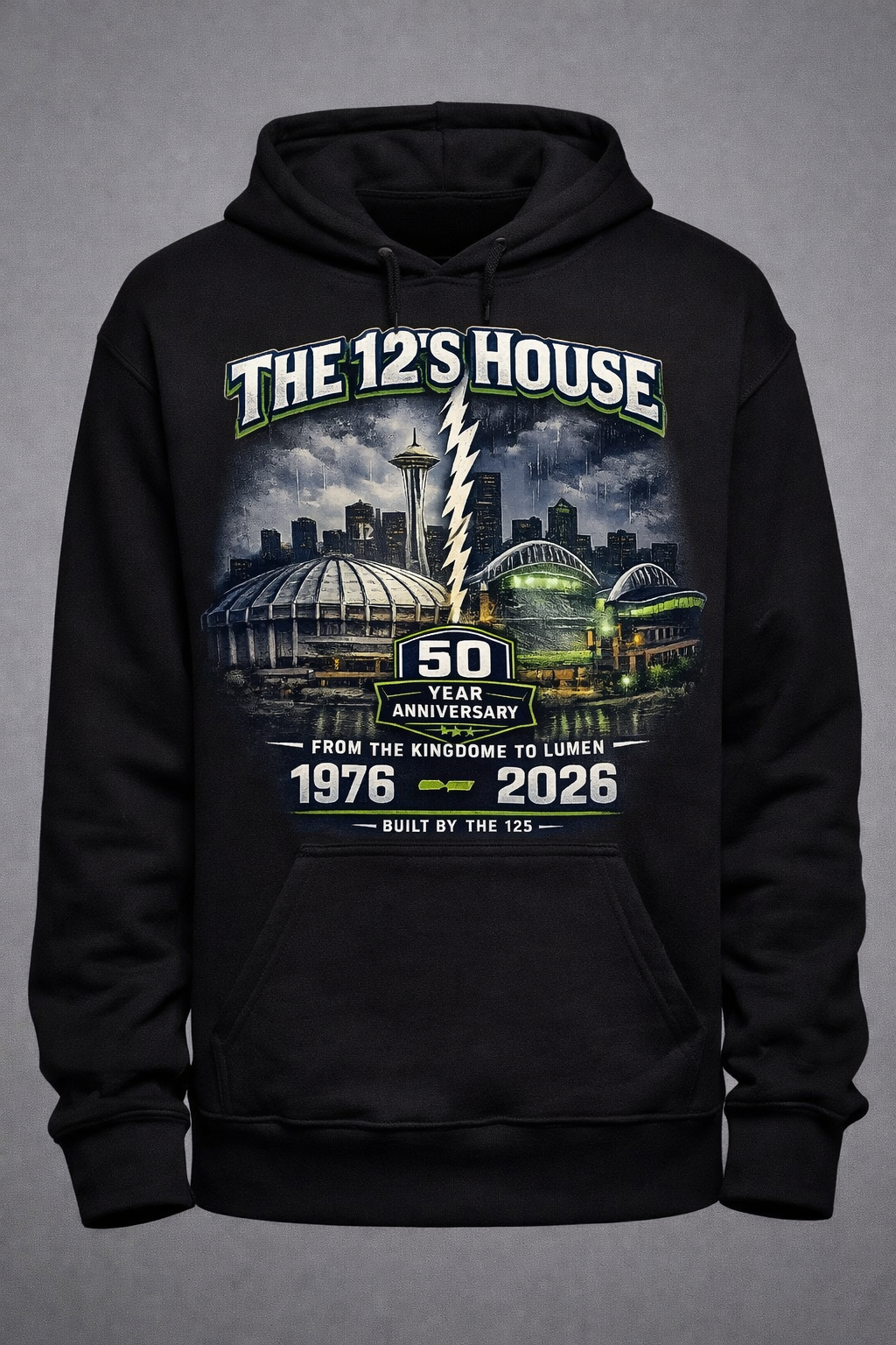 Black Seattle 50 Year Kingdome and Lumen The 12s House hoodie by Press It Tees, with front graphic and unisex fit.