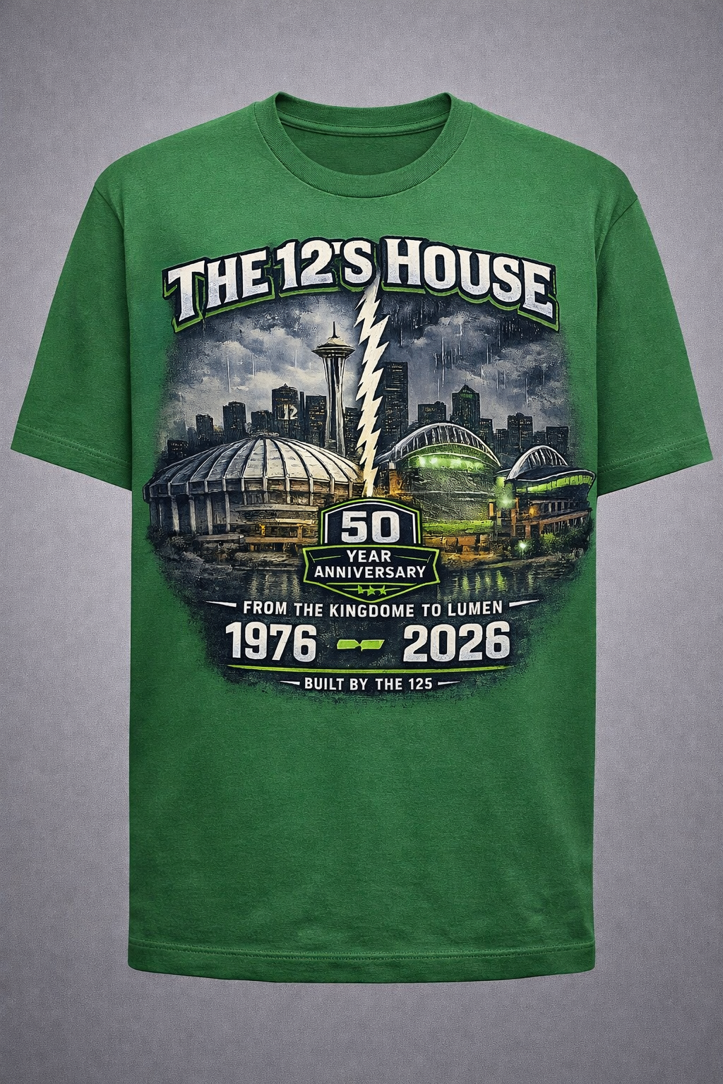 Green Seattle Kingdome and Lumen The 12s House short sleeve unisex T-shirt by Press It Tees, featuring graphic design on front.
