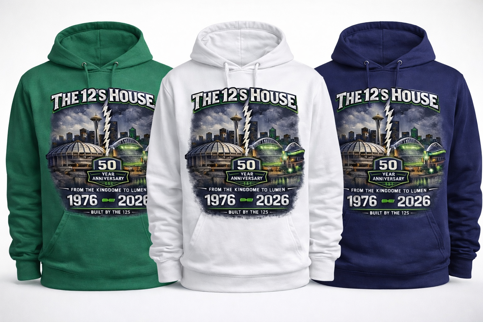 Green and white hoodie featuring Seattle 50 Year Kingdome and Lumen The 12s House design, unisex clothing by Press It Tees.