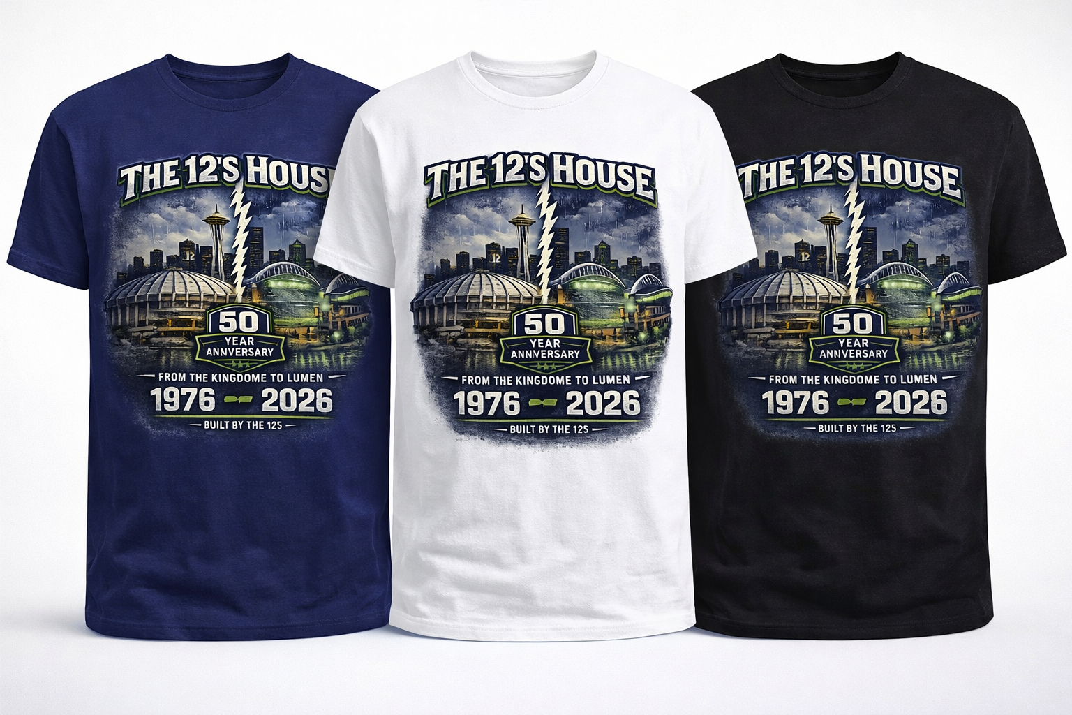 Seattle 50 Year Kingdome and Lumen The 12s House unisex short sleeve T-shirt by Press It Tees, featuring a blue, white, and black design.