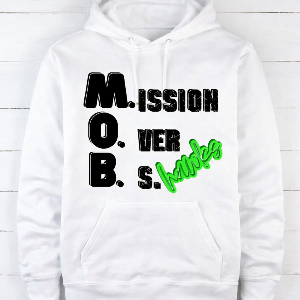 White Seattle Mission Over B.S. hoodie for men and women by Press It Tees, featuring a comfortable unisex hoodie design.