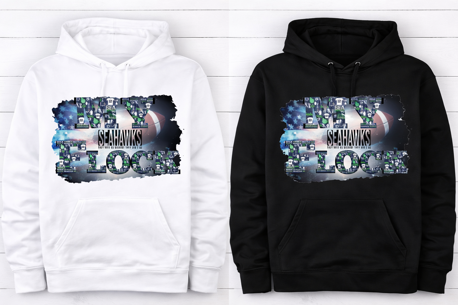 Unisex Seattle My Flock hoodie in white and black, featuring a casual, comfortable design from Press It Tees.