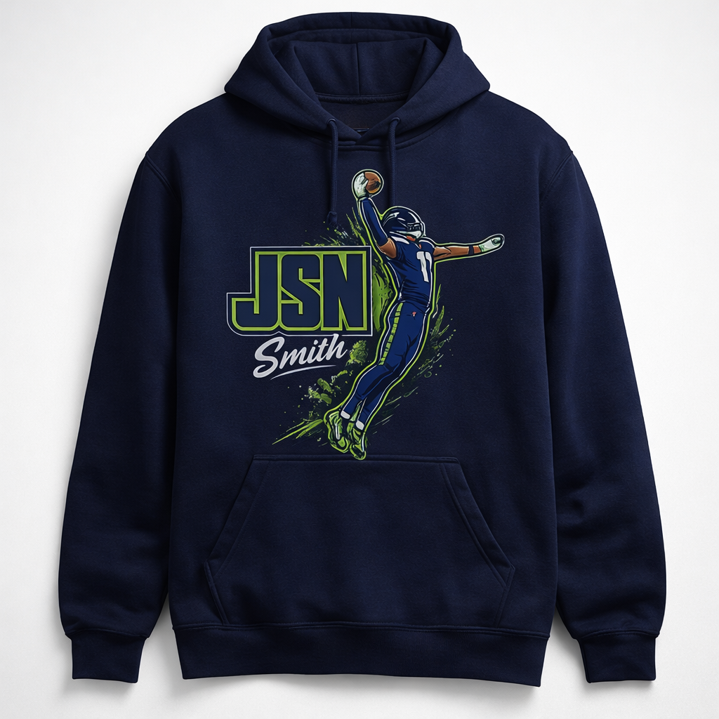 Navy JSN Football unisex hoodie by Press It Tees, featuring a front graphic and cozy hoodie design for casual wear.