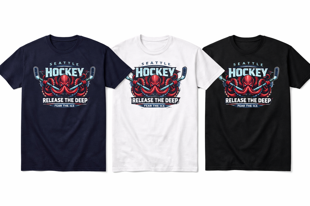 Navy, white, and black Release the Deep short sleeve unisex T-shirt by Press It Tees, displayed flat with front view