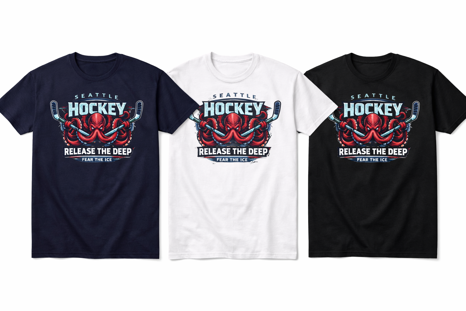 Navy, white, and black Release the Deep short sleeve unisex T-shirt by Press It Tees, displayed flat with front view