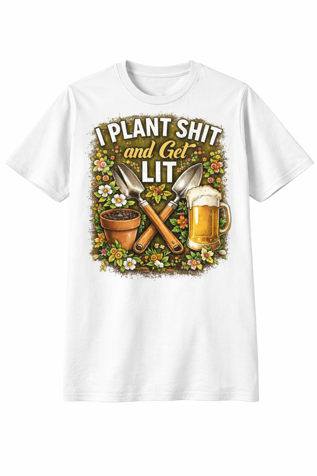 White unisex T-shirt from Press It Tees featuring a playful "Plant Shit Get Lit" graphic print.