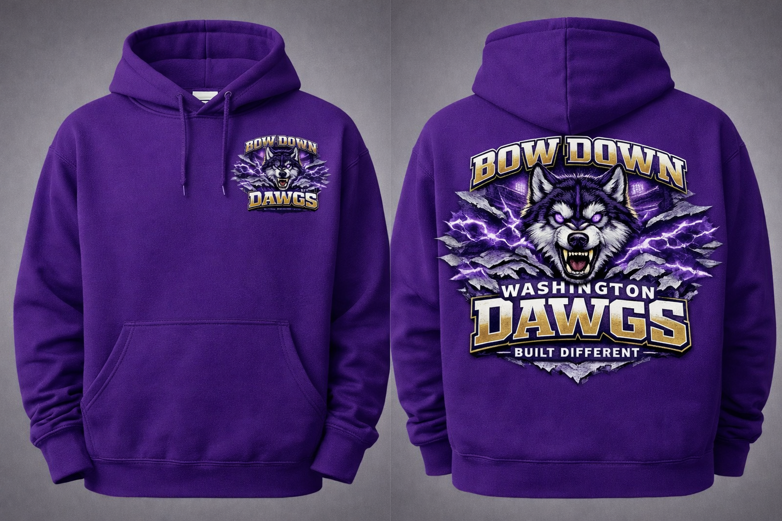 Unisex purple hoodie with Bow Down Huskies front and back design, casual press-it tees clothing for comfortable style.