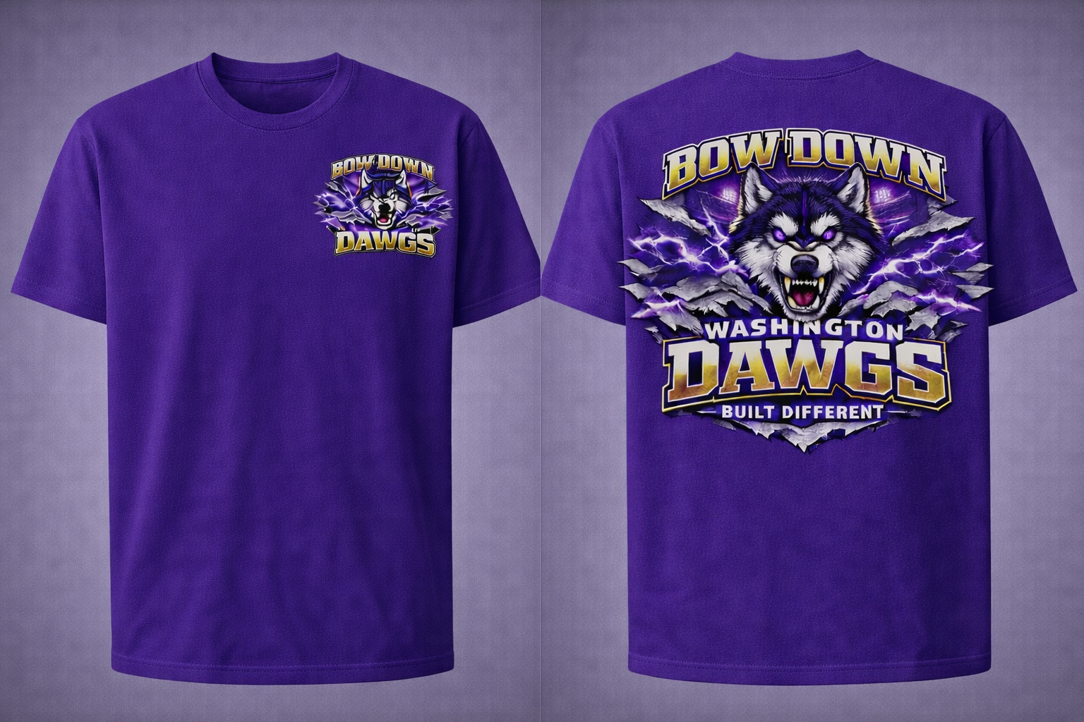 Purple Bow Down Huskies unisex short sleeve T-shirt by Press It Tees, featuring front and back graphic design.
