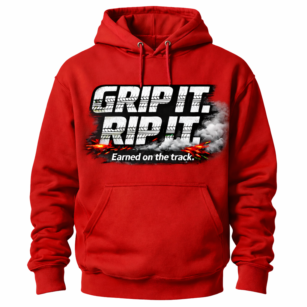 Red Grip It Rip It hoodie by Press It Tees, unisex clothing with a casual fit and bold graphic design.