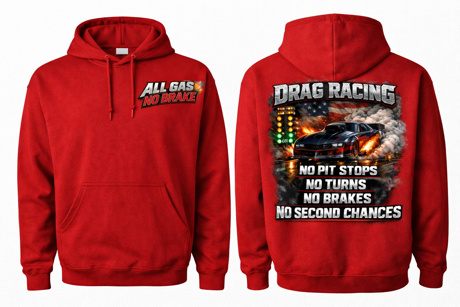 Red unisex hoodie featuring Drag Race No Pit Front/Back design by Press It Tees, made from comfortable clothing material.