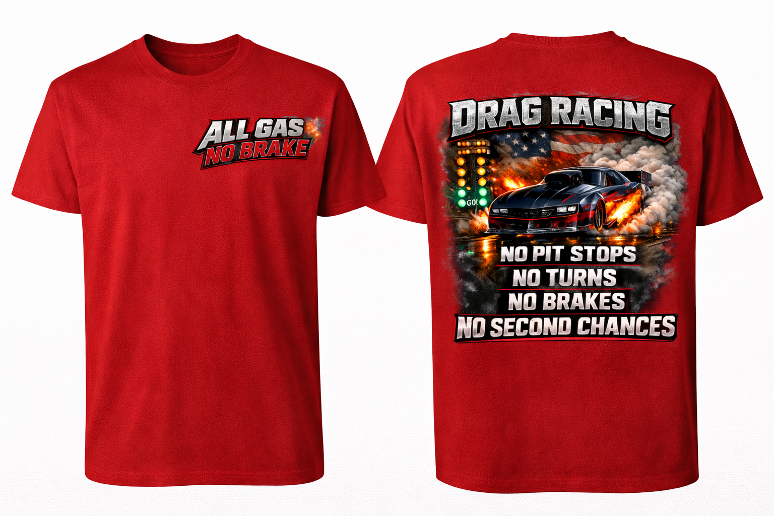 Red unisex drag racing no pit front and back short sleeve T-shirt from Press It Tees, showcasing race car graphics.