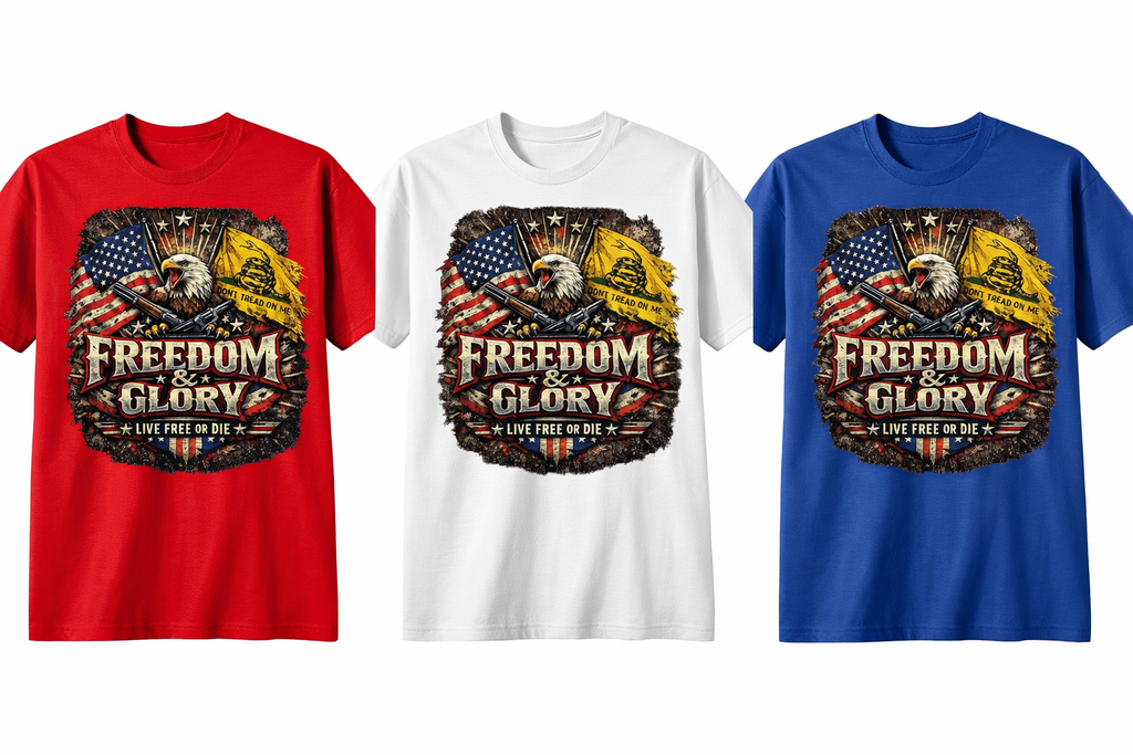 Red, white, and royal blue unisex short sleeve T-shirt by Press It Tees with bold Freedom and Glory graphic design.