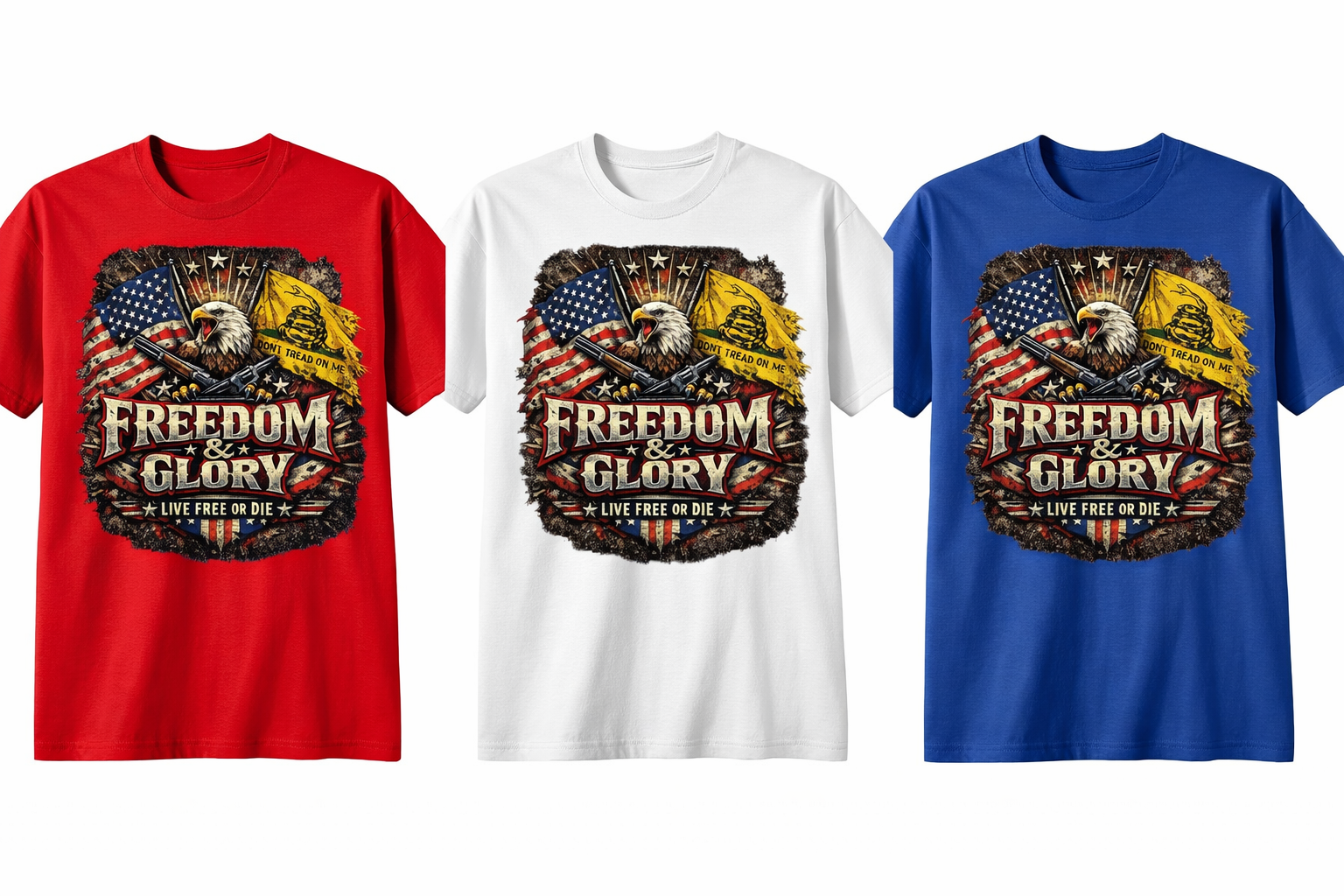 Red, white, and royal blue unisex short sleeve T-shirt by Press It Tees with bold Freedom and Glory graphic design.