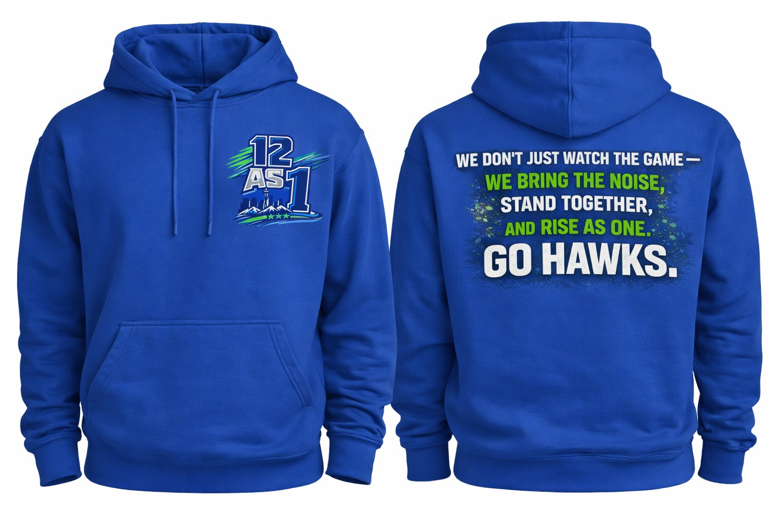 Royal blue Seattle 12 As 1 and We Rise As 1 unisex hoodie by Press It Tees, showing front and back views.