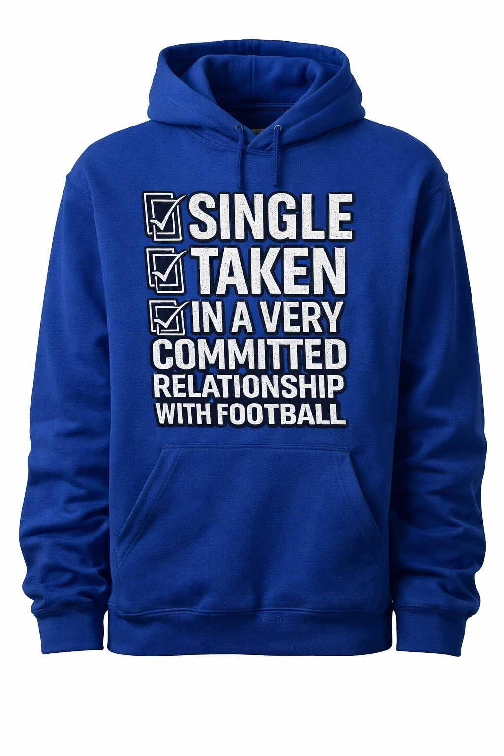 Unisex royal blue hoodie with "Committed with Football" text, made by Press It Tees, casual sports clothing for men and women.