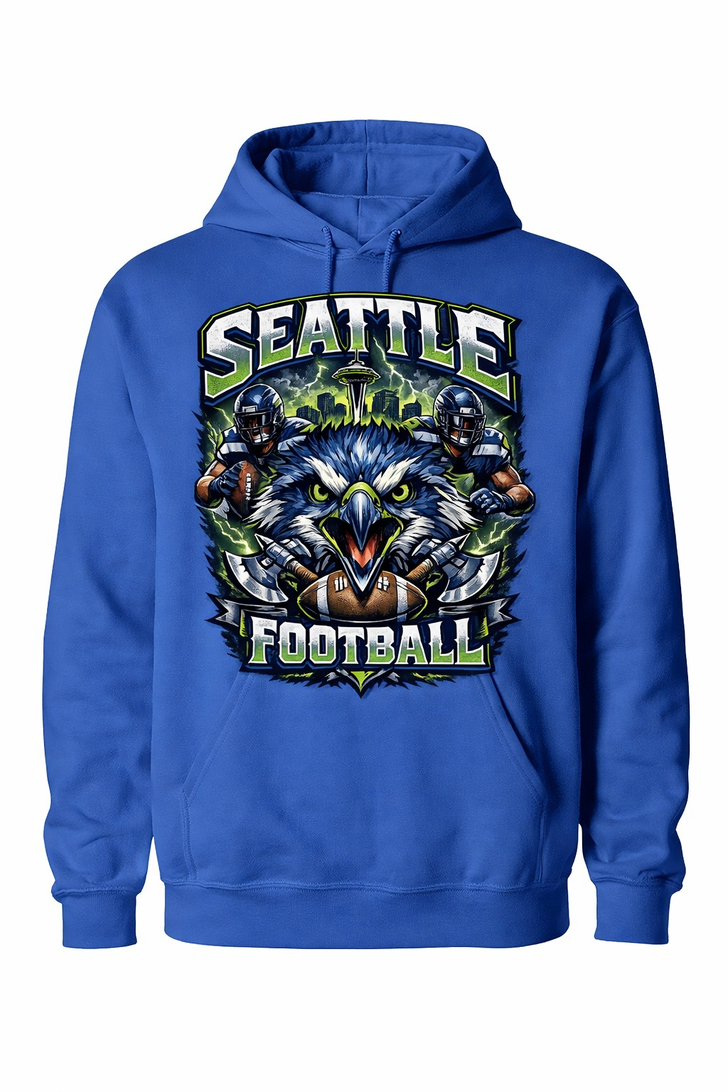 Royal blue Seattle Football unisex hoodie from Press It Tees, showcasing a one-sided design with team logo.
