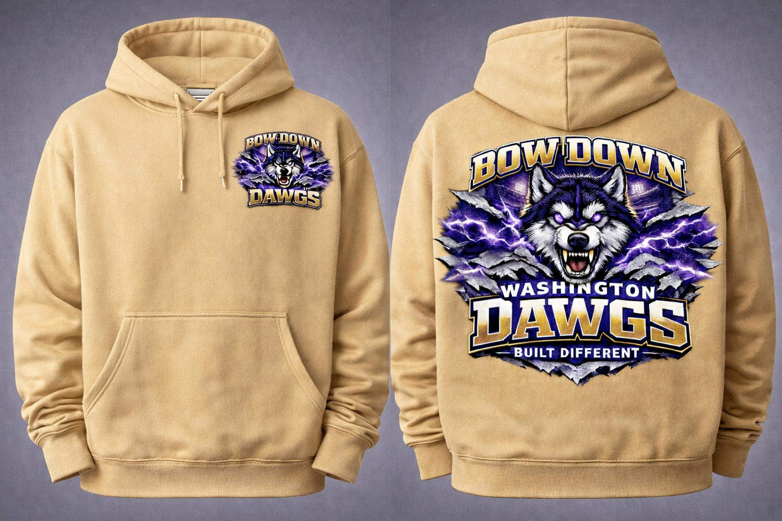 Unisex Bow Down Huskies hoodie in sand color with front and back graphic, casual press-it tees clothing for fans of husky designs.