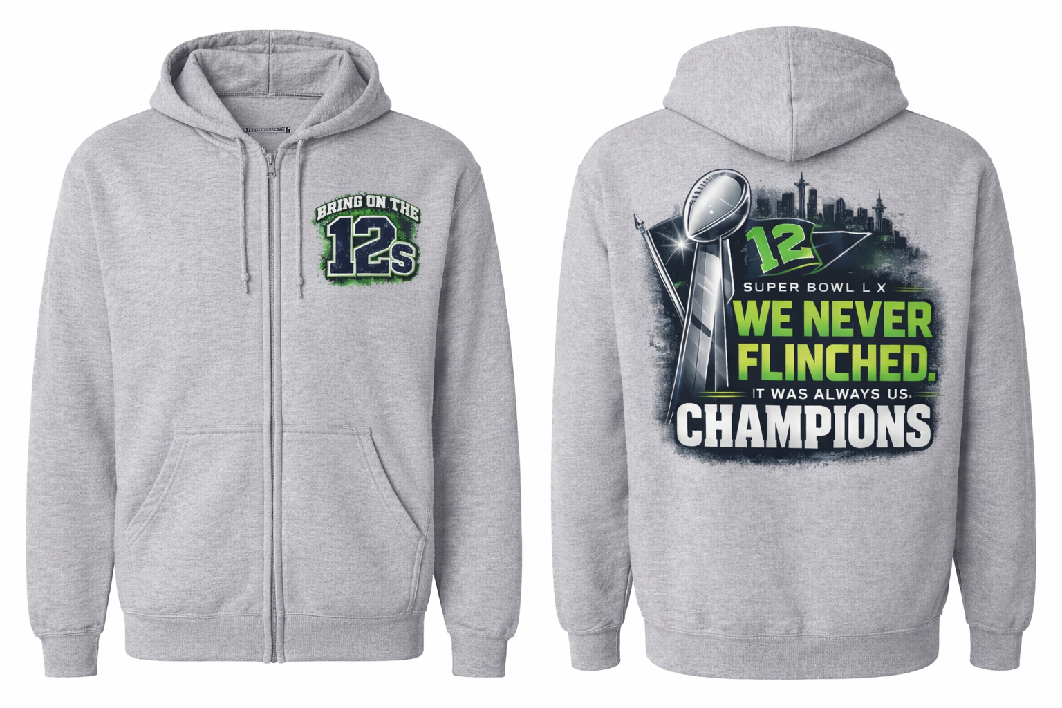 Gray unisex zip hoodie from Press It Tees featuring Seattle 12s and Never Flinched logos on front and back.