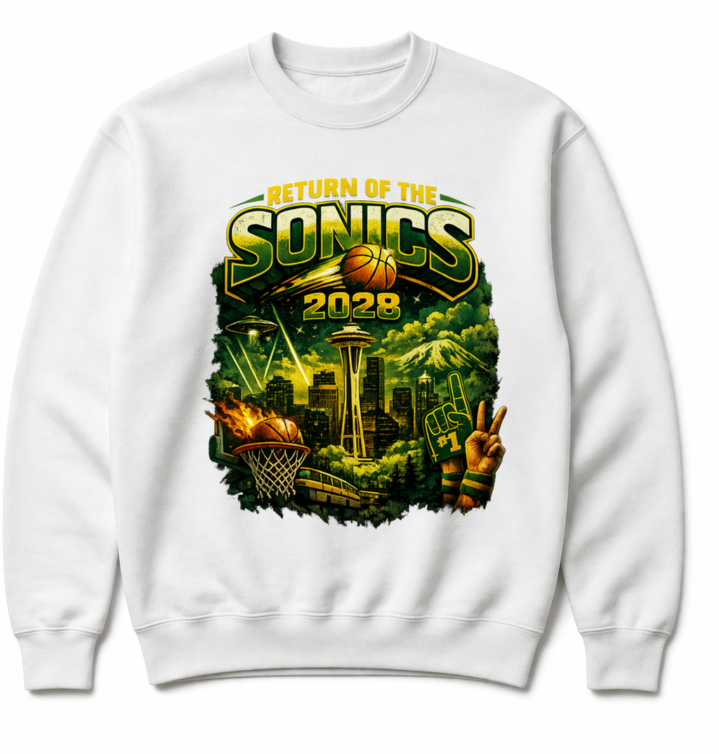White unisex crewneck sweatshirt featuring the Return of the Sonics design by Press It Tees, casual clothing for fans.