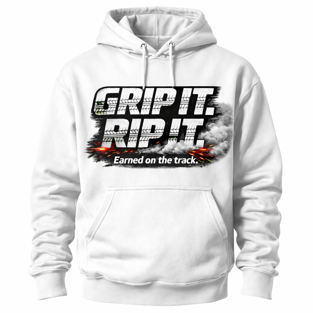 Unisex white hoodie from Press It Tees with "Grip It Rip It" graphic, casual clothing perfect for relaxed wear.