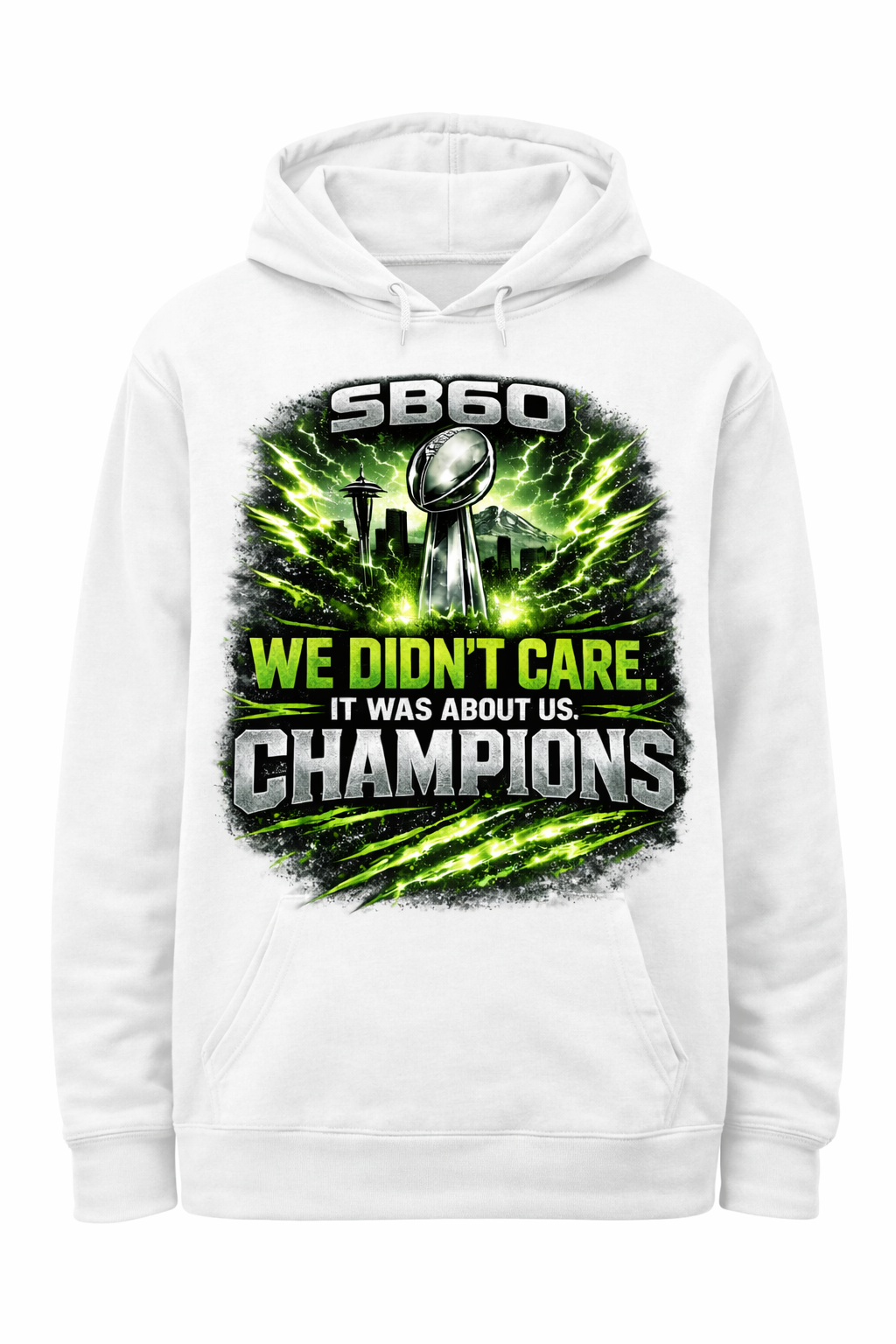 White unisex hoodie from US Champions by Press It Tees, featuring a comfortable design and front pocket.