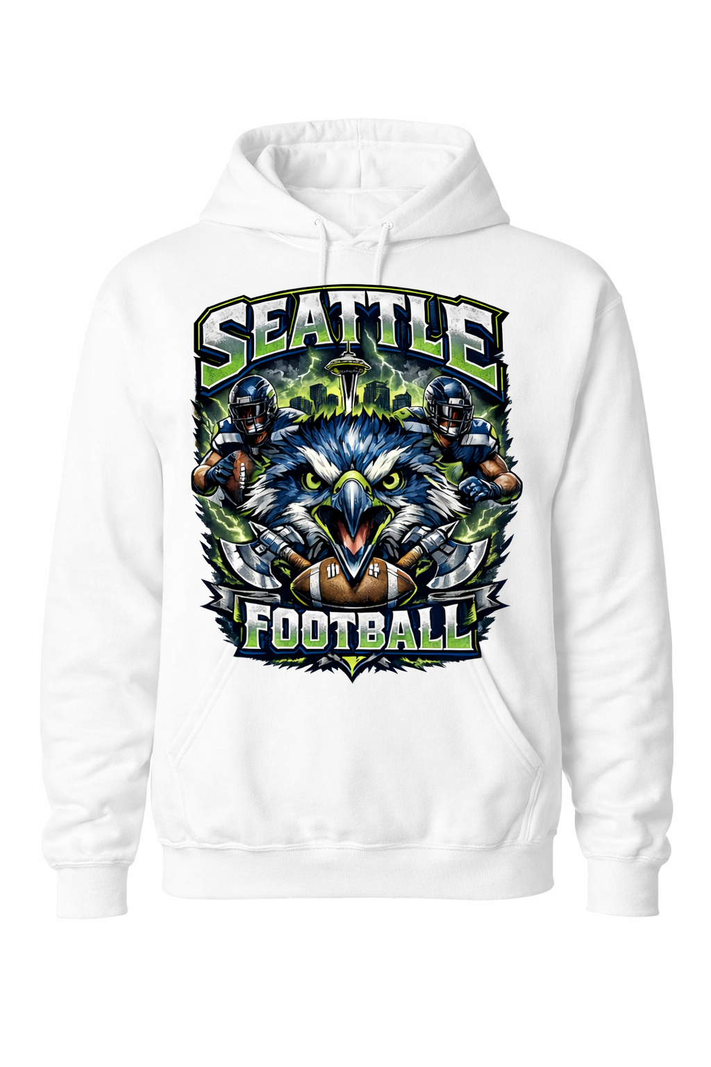 White Seattle Football unisex hoodie by Press It Tees featuring a casual pullover design and front logo.