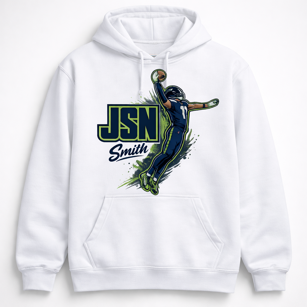 White JSN Football unisex hoodie by Press It Tees, featuring a comfortable fit and casual style.