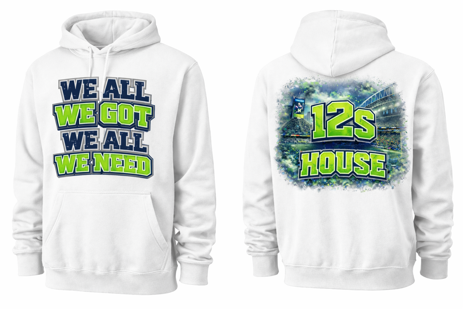 White unisex hoodie from Press It Tees with "We All We Got" graphic on front and back, casual clothing for comfort and style.