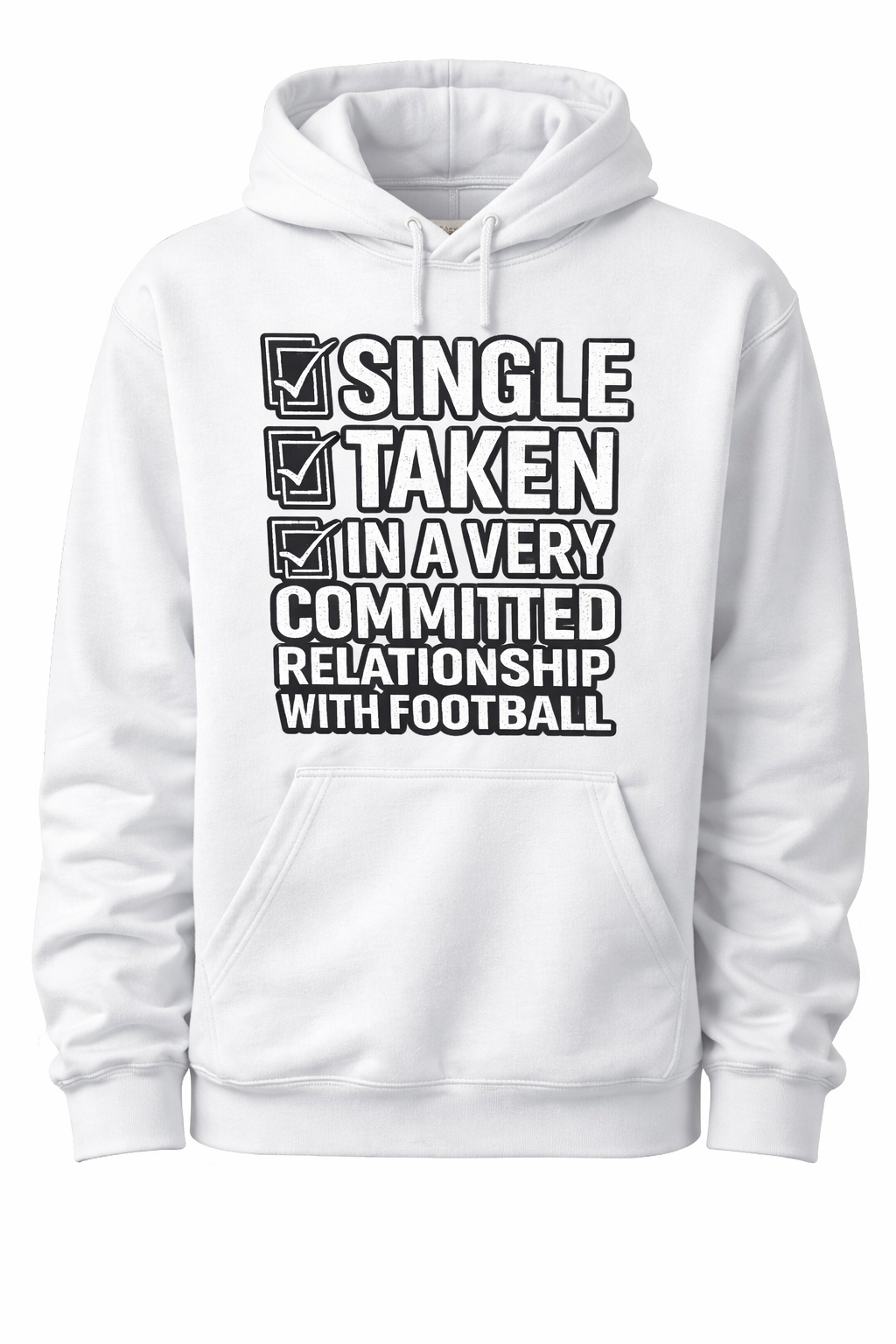 White unisex hoodie featuring football-themed design from Press It Tees, casual clothing ideal for sports fans.