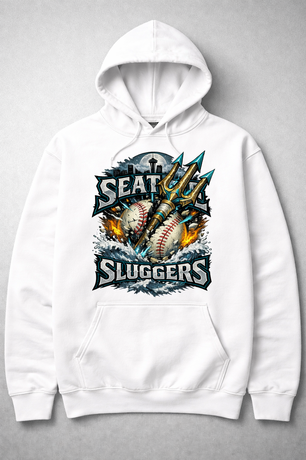 White Seattle Sluggers hoodie by Press It Tees, unisex clothing with front graphic and cozy fit.
