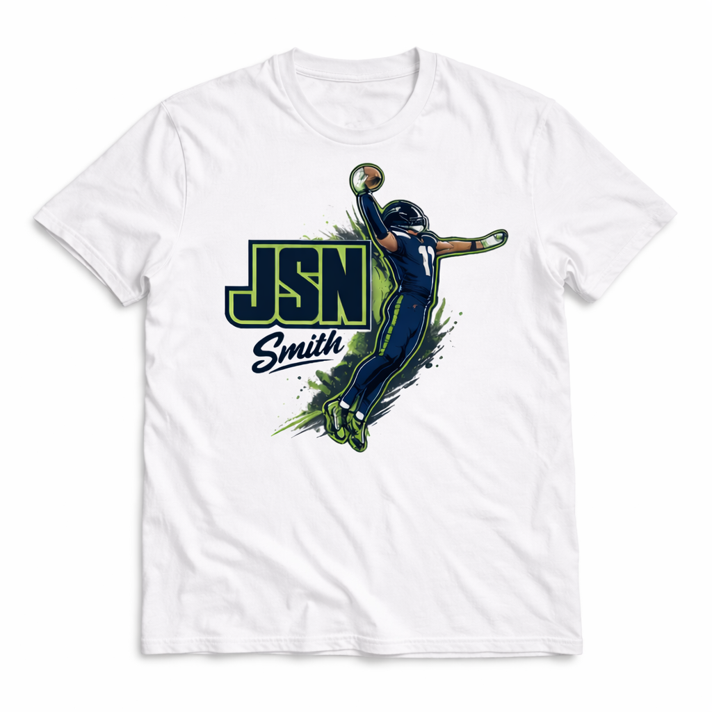 White JSN Football Short Sleeve Unisex T-Shirt by Press It Tees, showing the front view of the casual casual clothing.