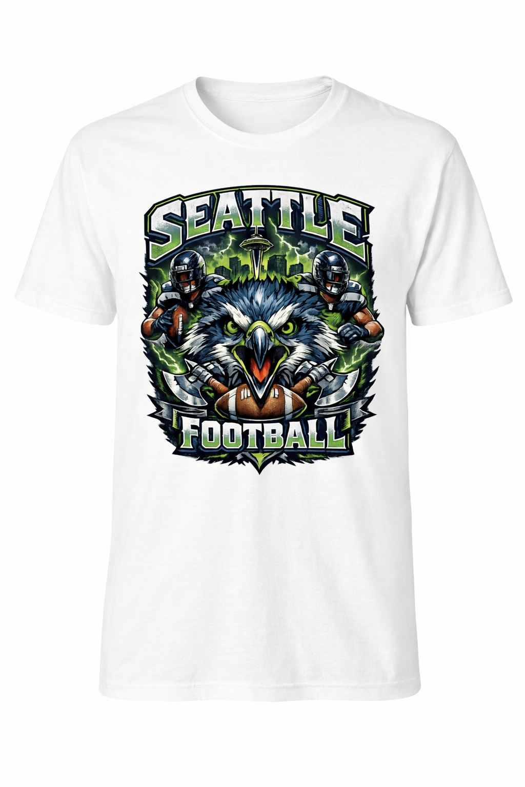 White Seattle Football unisex T-shirt by Press It Tees, casual short sleeve clothing for fans and everyday wear.