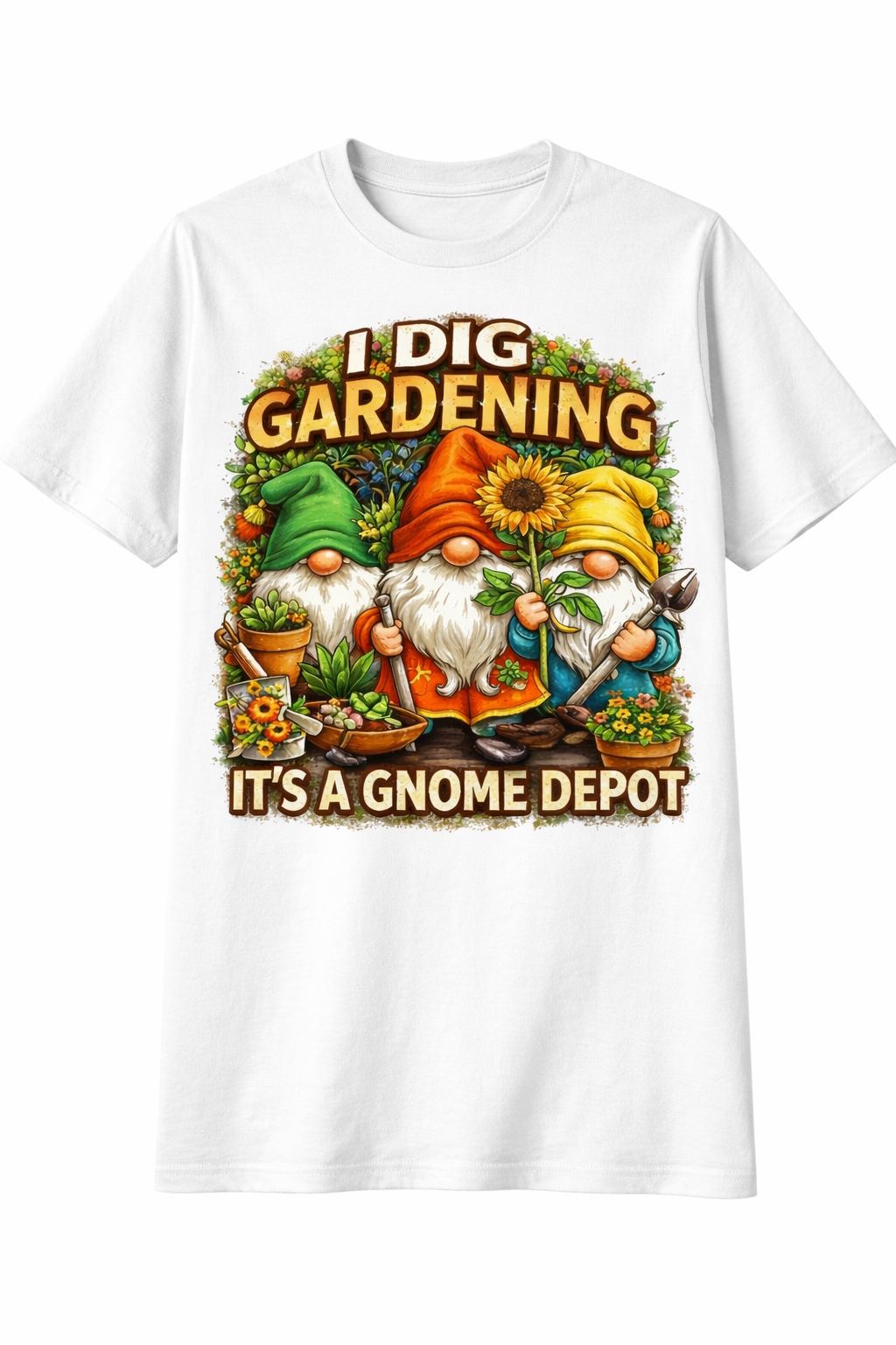 White Gnome Gardening Unisex T-shirt by Press It Tees, casual short sleeve shirt with gnome design, front view.