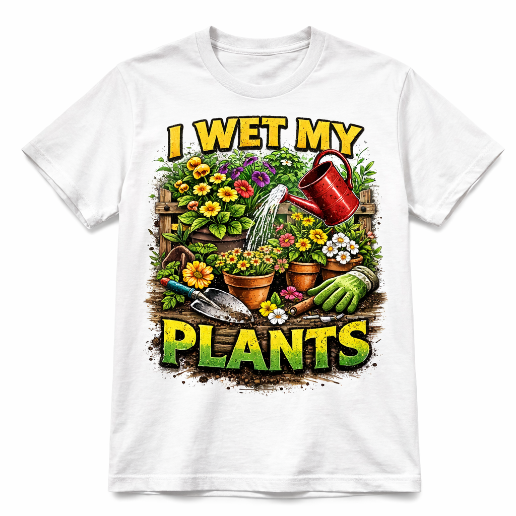 White I Wet My Plants unisex short sleeve T-shirt by Press It Tees, featuring a casual design and comfortable fit.