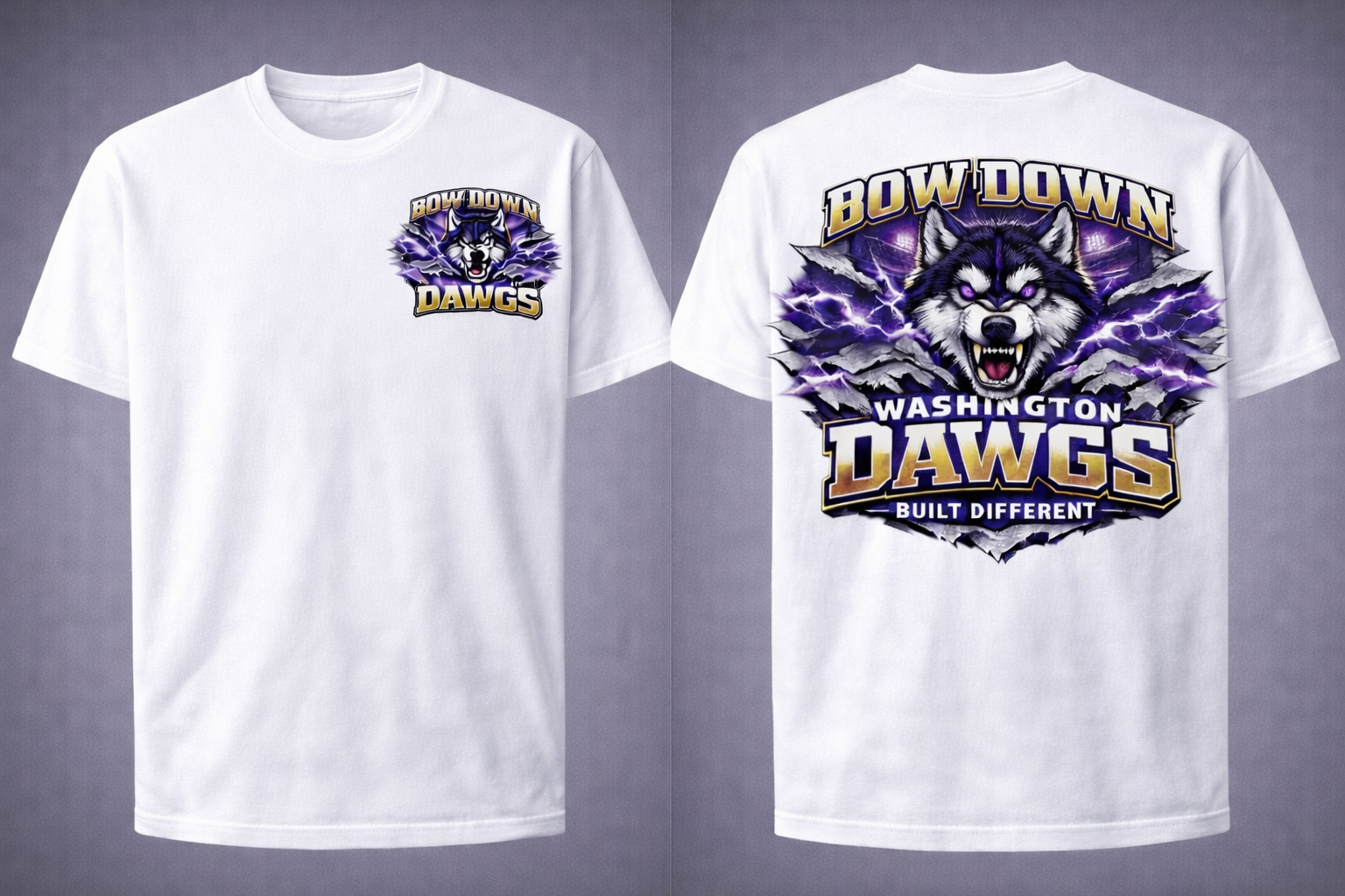 White Press It Tees Bow Down Huskies unisex short sleeve T-shirt with front and back graphics, casual clothing for dog lovers.