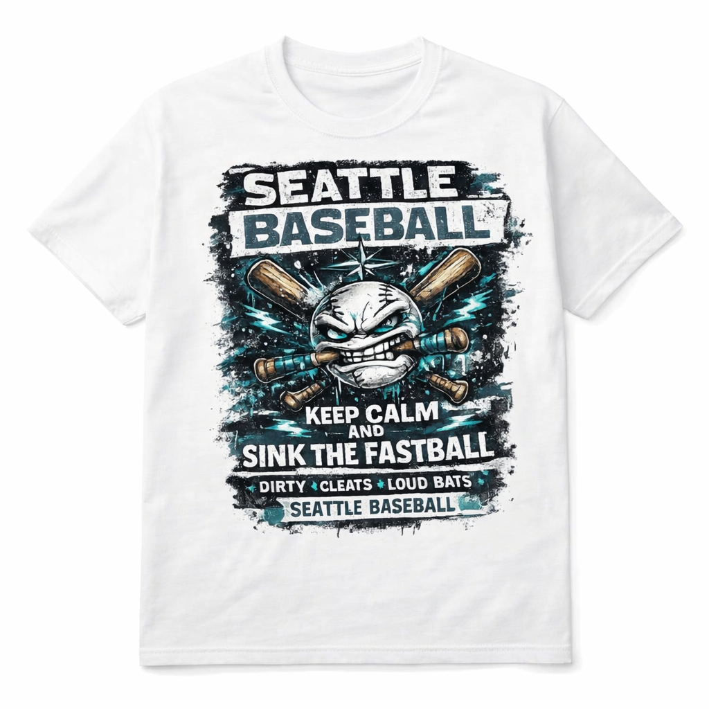 White Seattle Baseball Keep Calm unisex short sleeve T-shirt by Press It Tees, featuring a casual, comfortable design.