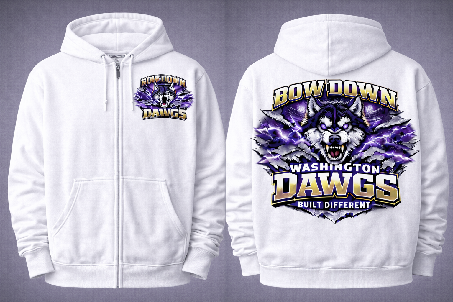 White unisex Seattle Bow Down Dawgs full zip hoodie by Press It Tees, showing front and back views with hoodie and zip closure.